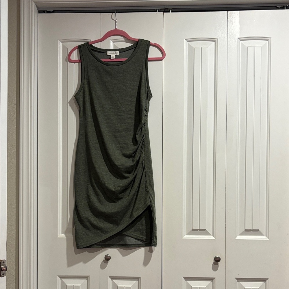 Treasure & Bond Olive Green Sleeveless Ruched Asymmetrical Mini Dress